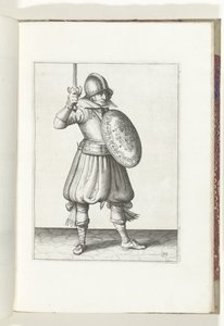 Skjold- og piggøvelsen: Soldaten presenterer sin rapier for hånd, ikke høyere enn ansiktet hans (nr. 19), 1618 Nassausche Wapen-Handelinge, van Schilt, Spies, Rappier and the Targe: beyde figuerlick avbildet, og innrammet etter den nye ordren