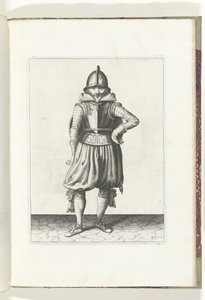 De exercitie met schild en spies: de soldaat staande in rust met het schild op de rug (nr. 27), 1618 De Nassausche Wapen-Handelinge, van Schilt, Spies, Rappier ende Targe : beyde figuerlick afgebeelt, ende gestelt na de nieu ordening [van] (...) Maurits v  av Adam van Breen