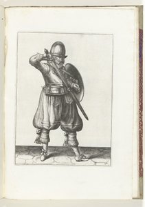 Skjold- og piggøvelsen: Soldaten hylster sin rapier (nr. 24), 1618 Nassausche Wapen-Handelinge, van Schilt, Spies, Rappier and the Targe: beyde figuerlick avbildet, og innrammet etter den nye rekkefølgen [av] (...) Maurits van