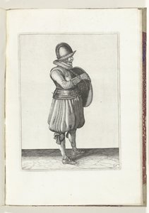 Skjold- og piggøvelsen: Soldaten trekker armen fra skjoldets belte (nr. 25), 1618 Nassausche Wapen-Handelinge, van Schilt, Spies, Rappier and the Targe: beyde figuerlick avbildet, og innrammet etter den nye orden [av] (...) Maurits av Adam van Breen
