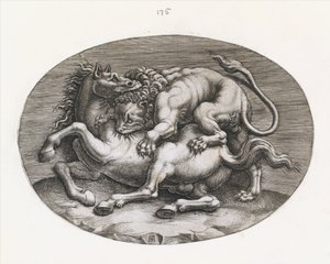 Speculum Romanae Magnificentiae: Lion Attacking a Horse, c1540-80.    1195341   no       norwegian Successfully Translated  Original: Spring Translat: Spring 1276468 no norwegian Successfully Translated Original: Studieblad met tekenvoorbeelden: koppen, di
