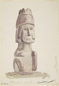 2 fot høy steinstatue av et menneskehode fra Chicualoque, nær Papantla (akvarell) av Adela Breton