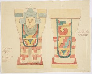 Karyatid fra det ytre kammeret, Jaguarens øvre tempel (tempel A), ballbane, Chichen Itza (akvarell) av Adela Breton