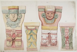 Caryatids II og XV fra ytre kammer, Upper Temple of the Jaguars, Chichen Itza, Mexico (akvarell) av Adela Breton