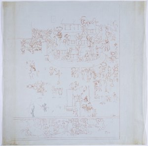 Kopi av et komplett veggmaleri fra vestveggen, Upper Temple of the Jaguars, Chichen Itza, Mexico Innerkammer på vestveggen Tegnet med rødt blekk (rødt og svart blekk og grafitt) av Adela Breton