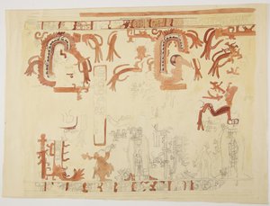 Design fra en gryte Belize (tidligere Britisk Honduras) Design inkluderer menneskelige figurer og fjærkledde slanger (akvarell) av Adela Breton