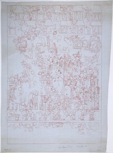 Tegning av sørmuren, Jaguarens øvre tempel, Chichen Itza, Mexico (rødt blekk) av Adela Breton