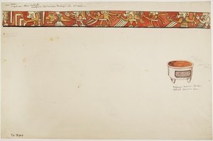 Innerkant av en stativvase (som viser groteske figurer) og en hvit gryte med design inneholdt i rektangler (akvarell) av Adela Breton