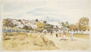 Menn, kvinner og barn som går langs en vei med en landsby i bakgrunnen, Jalapa (Xalapa) Veracruz, Mexico (akvarell) av Adela Breton