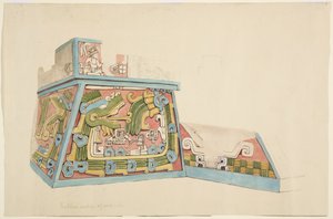 Maleri av et steinrelieff fra Xochicalco, Mexico Nordenden av vestsiden av nedre terrasse Akvarell (akvarell) av Adela Breton
