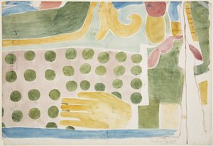 Maleri av en del av et veggmaleri som viser menneskeofring fra over den indre døren, det indre kammeret, Jaguarens øvre tempel, Chichen Itza (akvarell) av Adela Breton