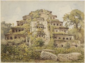 Maleri av ødelagt tempel (Pyramid of the Niches) ved El Tajin, Papantla, Mexico (akvarell)