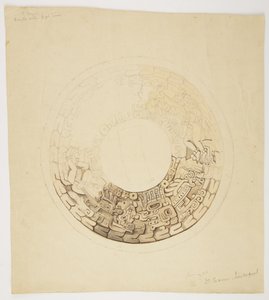 Grytetrekk fra Belize (tidligere Britisk Honduras) Sirkulært design, hvorav en del mangler, viser et design inkludert figurer av menn, glyfer etc (akvarell) av Adela Breton