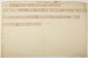 Ruiner/steinrelieffer ved tempelet i Uxmal, Mexico som viser frise (akvarell) av Adela Breton