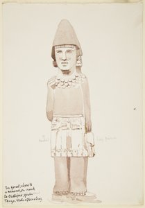Statue fra Teayo, nord i Veracruz, Mexico Viser steinstatue med mannsfigur iført kilt (akvarell) av Adela Breton