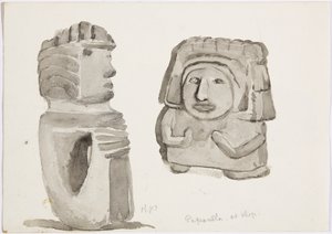 Steinfigurer i Papantla, Mexico (akvarell) av Adela Breton