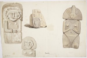 Steinstatuer fra Papantla, Mexico (akvarell) av Adela Breton