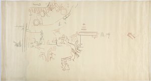 Sporing av et veggmaleri fra Casa de Monjas, Chichen Itza, Mexico hvelv i stort kammer (rødt, svart og brunt blekk og grafitt) av Adela Breton