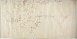 Sporing av et veggmaleri fra Casa de Monjas, Chichen Itza, Mexico hvelv i stort kammer (rødt, svart og brunt blekk og grafitt) av Adela Breton