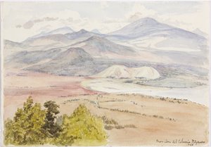 Utsikt fra Cerro del Calvario, Patzcuaxo på den ene siden av papiret og på den andre er en utsikt over den gamle festningen og steinhaugene, Iguatcho fra Cerro del Calvario, Patzcuaro, Michoacan, Mexico (akvarell) av Adela Breton