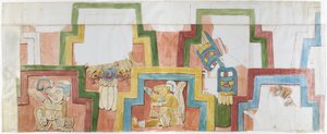 Akvarellkopi av stukkaturfasaden til tempelet på pyramiden ved Acanceh Full skala To rader med figurer innenfor en avtrappet ramme Figur 1-5 (akvarell) av Adela Breton