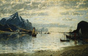 En fjordscene med seilfartøy,