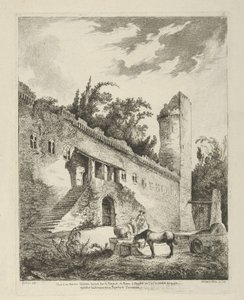 Utsikt over et gammelt slott på vei fra Roma til Napoli fra Differentes vue..., 1700-tallet. av Adélaide Allou