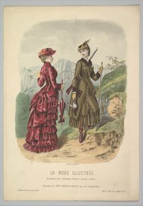En dame i et jaktkostyme med en dame i gådrakt på en fjellsti fra La Mode..., 1881. av Adèle Anaïs Colin