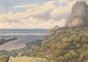 «Bora Bora [Selskapsøyene], fra et ødelagt innfødt fort over hovedlandsbyen på østsiden av øya, 5. september 1849» av Admiral Sir Edward Gennys Fanshawe