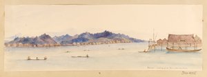 Borneo - Utsikt oppover elven fra huset vårt fra Vestindia, Nord-Amerika og Borneo utklippsbok, ca. 1845 (akvarell)