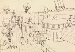 #39;Seru [Seru Epenisa Cakobau (Thakombau)], om bord, og Masomalua (i hatten), oktober 1849 [Fiji]