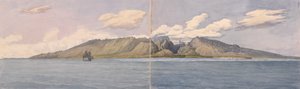 «Tahiti [Samfunnsøyene]. Fautaua-ravinen - Krone- eller diademefjellet midt på øya, og byen Papeiti, 24. august 1849» av Admiral Sir Edward Gennys Fanshawe