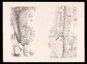 Landsbyen til Stang-stammen, Sarawak, Borneo; og en bro av stolper over en elv fra utklippsboken Vestindia, Nord-Amerika og Borneo, ca. 1845 (litografi)