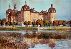 Utsikt over slottet Moritzbourg Trykk av Adolphe Nother (1855-?) Paris fra 1800-tallet, dekorativ kunst av Adolf Noether