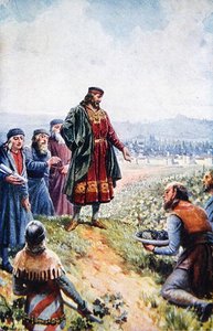 Charles IV inspiserer druer under sin oppmuntring til vinproduksjon i Böhmen, tidlig på det tjuende århundre (farge litho) av Adolf (after) Liebscher