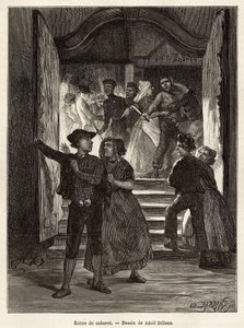 En kabaretscene, et par forlater scenen, mens en mann truer dem med en kniv, holdt av to kvinner; mens et annet par møter dem når de går inn i kabareten, graverer etter tegningen av Adolf Dillens, illustrerer en reise til Zelande (Neerlande),