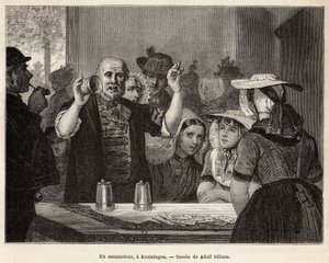 En retraktor, på et vertshus i Kruiningen, lager nummeret sitt foran oppmerksomme tilskuere, gravert etter tegningen av Adolf Dillens, som illustrerer en reise til Zelande (Neerlande), i 1873, av Charles de Coster, publisert i "Le tour du monde ” 1874, red