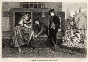 En skomaker i en landsby i Zeland får en ung kvinne til å prøve en sko akkompagnert av en ung mann, gravering etter tegningen av Adolf Dillens, som illustrerer en reise til Zelande (Neerlande), i 1873, av Charles de Coster, publisert i "Le tour du monde» 1