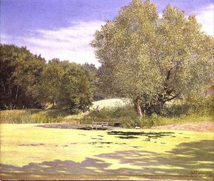 En fisker som forlater en dam av Adolf Alfred Larsen