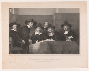 De Staalmeesters: høyskolen for stålmestere (waarijns) til Amsterdams klesmakerlaug De Staalmeesters, etter Rembrandt / Premium plate der Kunstkronijk, Sixteenth Volume (1854) (tittel på objekt)
