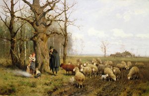 Barn med en hyrde og sauer i et landskap (olje på lerret) av Adolf Ernst Meissner