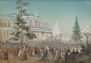 ""Feiring av 25-årsjubileet for Tsarskoe Selo Railroad ved Pavlovsk jernbanestasjons konserthus"" av Adolf Charlemagne (1826-1901), Gouache på papp