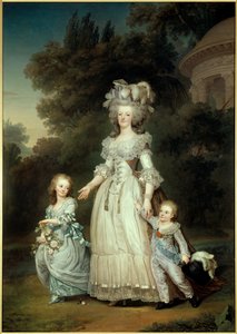 Portrett til fots av dronningen av Frankrike Marie Antoinette (1754-1793) med Marie Therese eller Madame Royale (1778-1851) og den første Dauphin Louis Joseph Xavier Francois eller Louis de France (1781-1789) som går gjennom hagene til Trianon Maleri av Ad