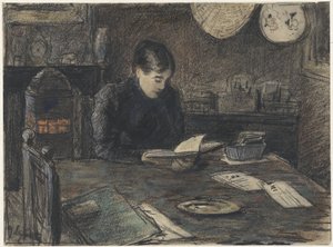 Kvinne leser ved et bord av Adolf le Comte