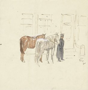 Mann med to hester foran en bygning av Adolf le Comte