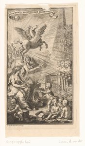 Allegorisk scene med kvinneskriving, byster, Pegasus og Apollo Tittelside for: Cornelis Sweerts, Poetiske symboler, 1736