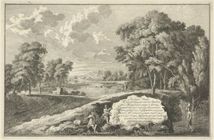Arkadisk elvelandskap med kvinne og barn Titteltrykk for: Tretti stykker av landskapszoo i Italia som Duytslandt Italienske og tyske landskap (serietittel)