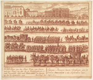 Innreise av prinsen av Sachsen med sin kone i Dresden 2. september 1719, af..., ca. 1700-1755.