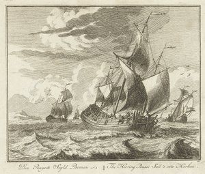 Silderør seiler hjem, ca 1725 Den Buysch Seyld Binnen / The Herring Busse Sail
