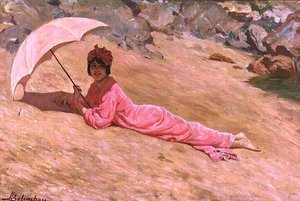 Jente som ligger på stranden med en rosa parasoll (olje på lerret)